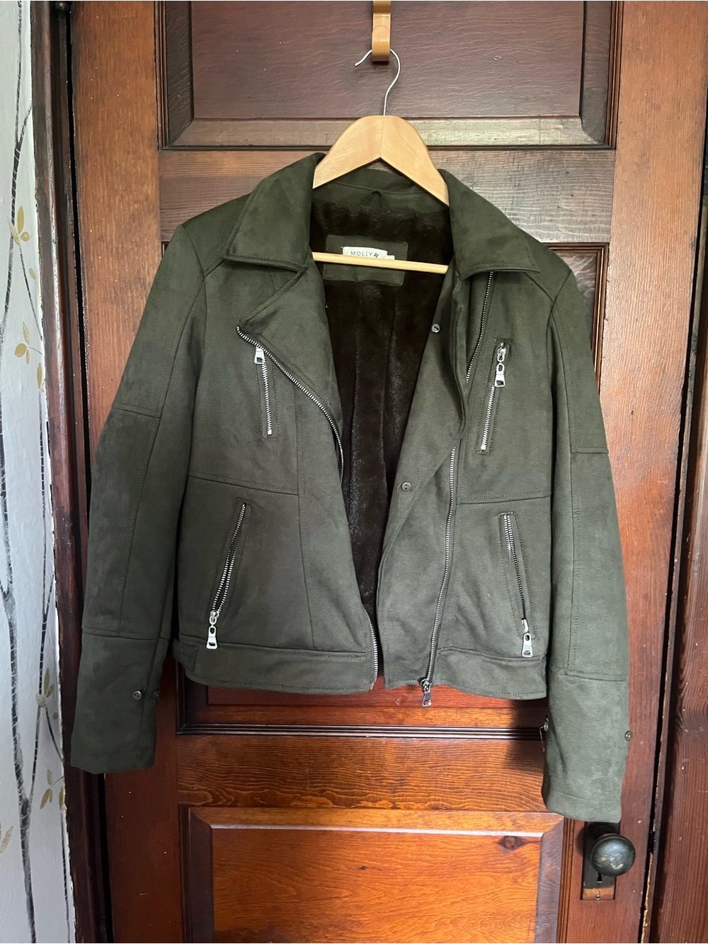 Molly Bracken Olive Green Suede-Look Moto Jacket